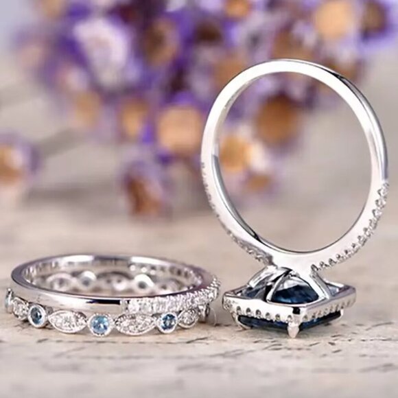 NEW 18k White Gold Blue Topaz Ring Set of 3 Rings Emerald Cut Ring - Picture 6 of 6